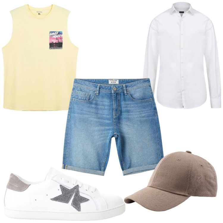 Outfit uomo - Total look #2212621. Stile Trendy per Tutti i giorni. Abbinamento con bermuda, canottiere, sneakers, camicie, cappelli con visiera.