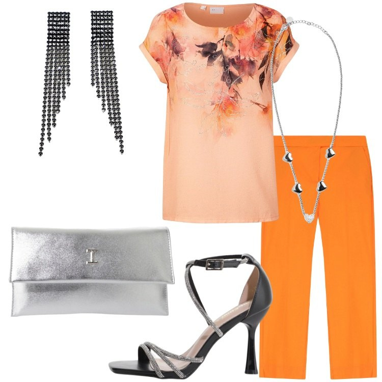 Outfit donna - Arancione Caldo un colore mille emozioni. Stile Romantica per Serata fuori. Abbinamento con bluse, sandali col tacco, pantaloni, pochette, orecchini, collane.