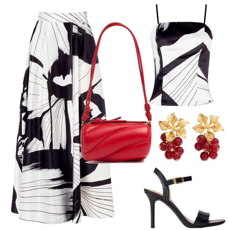 Outfit donna - Gonna e top coordinati. Stile Chic per Tutti i giorni. Abbinamento con gonne lunghe, canottiere, sandali in pelle, borse a spalla, orecchini.