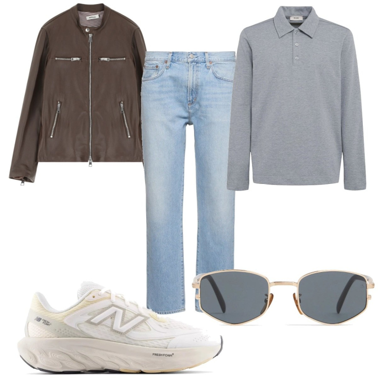 Outfit uomo - Total look #2212627. Stile Trendy per Tutti i giorni. Abbinamento con sneakers, giacche, jeans, polo, occhiali da sole.