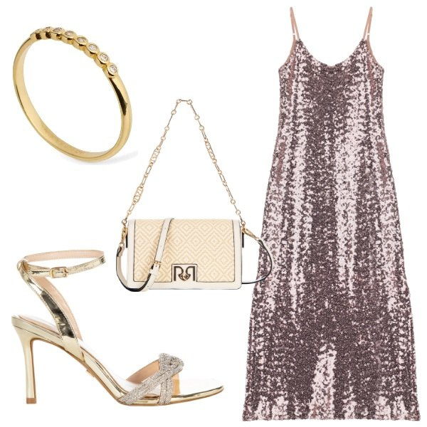 Outfit donna - scintillante in rosa. Stile Chic per Serata fuori. Abbinamento con borse a tracolla, sandali col tacco, vestiti, anelli.