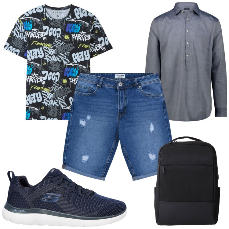 Outfit uomo - Total look #2212630. Stile Trendy per Tutti i giorni. Abbinamento con sneakers, borse sportive, bermuda, t-shirt, camicie.