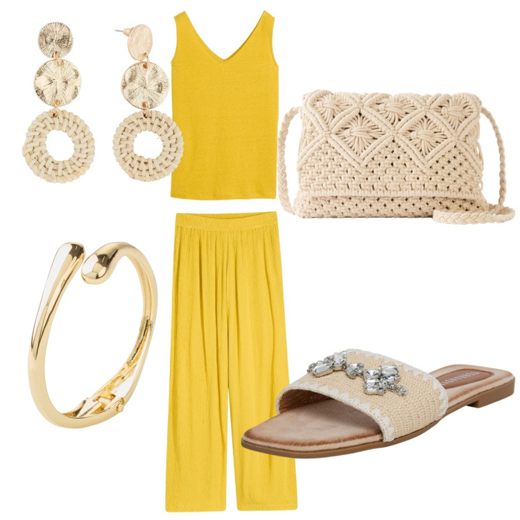 Outfit donna - Giallissimo. Stile Casual per Tutti i giorni. Abbinamento con orecchini, pantaloni, canottiere, braccialetti, borse a tracolla, ciabatte.