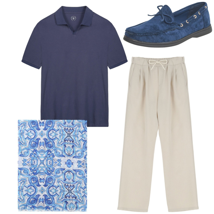 Outfit uomo - Total look. Stile Casual per Tutti i giorni. Abbinamento con scarpe stringate, pantaloni, sciarpe e foulard, polo.