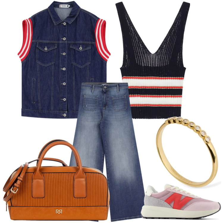 Outfit donna - In montagna con lui. Stile Casual chic per Tutti i giorni. Abbinamento con sneakers, borse a mano, gilet, jeans, top, anelli.