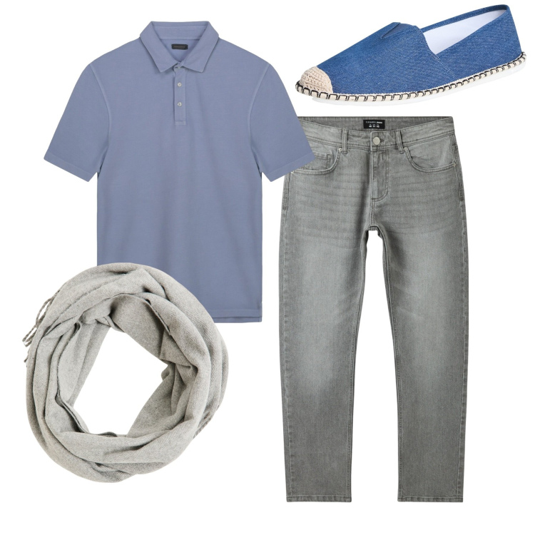 Outfit uomo - Total look. Stile Casual per Tutti i giorni. Abbinamento con espadrillas, jeans, sciarpe, polo.