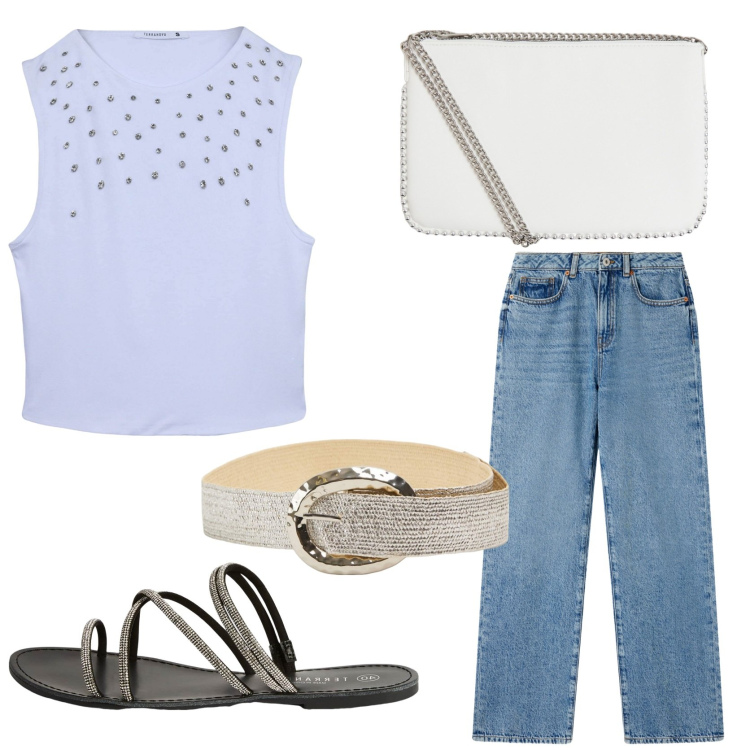Outfit donna - Minimalista. Stile Basic per Tutti i giorni. Abbinamento con cinture, jeans dritti, top, borse a tracolla, sandali.