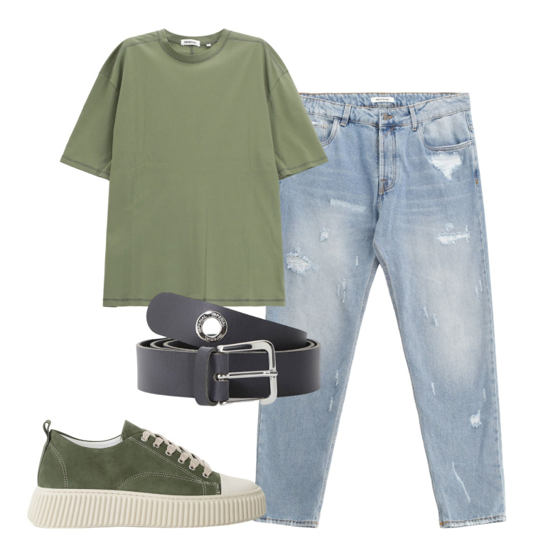Outfit uomo - Luglio. Stile Casual per Tutti i giorni. Abbinamento con sneakers, cinture, jeans strappati, t-shirt.