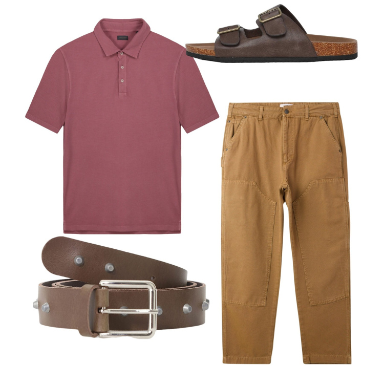Outfit uomo - Total look. Stile Casual per Tutti i giorni. Abbinamento con sandali, pantaloni, cinture, polo.