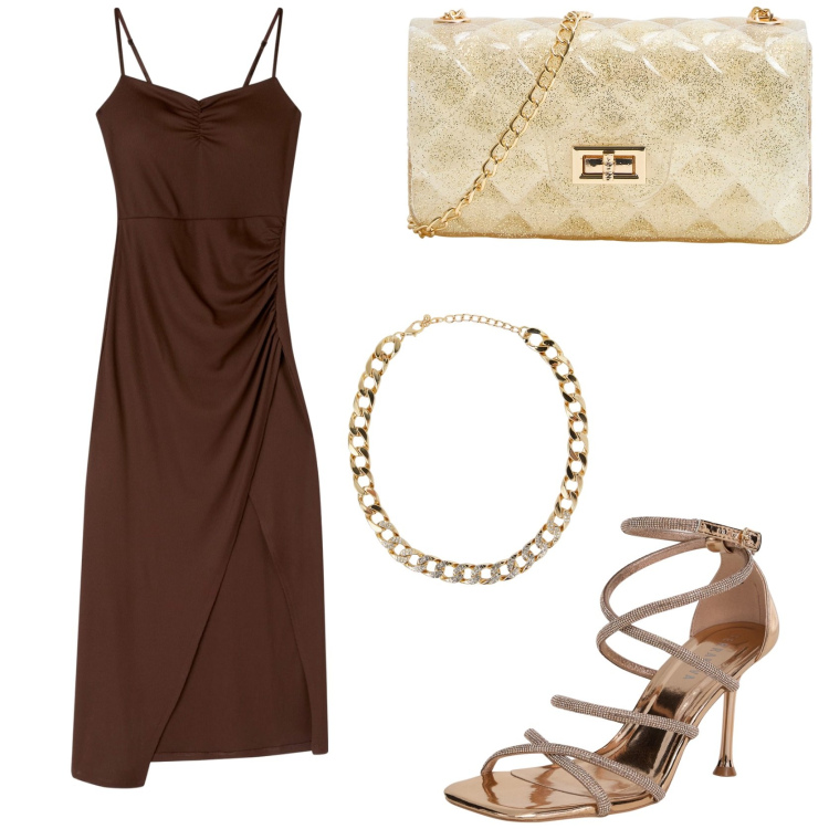 Outfit donna - Elegante di sera. Stile Sexy per Serata fuori. Abbinamento con sandali col tacco, borse a tracolla, collane, vestiti lunghi.