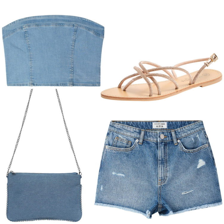 Outfit donna - Total denim in riviera. Stile Basic per Tutti i giorni. Abbinamento con sandali, borse a tracolla, shorts, top.