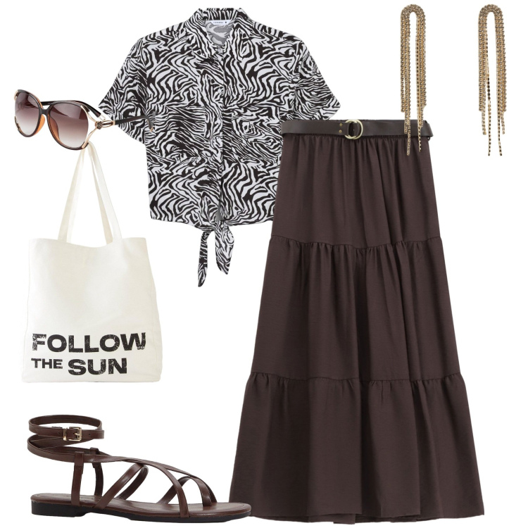 Outfit donna - La gonna moka. Stile Casual chic per Tutti i giorni. Abbinamento con occhiali da sole, sandali, shopping bag, camicie a manica corta, orecchini, gonne lunghe.