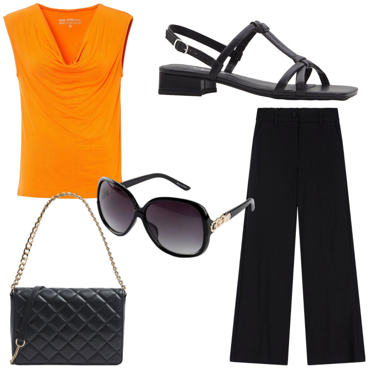 Outfit donna - Look frizzante. Stile Basic per Tutti i giorni. Abbinamento con occhiali da sole, top, sandali col tacco, borse a tracolla, pantaloni.
