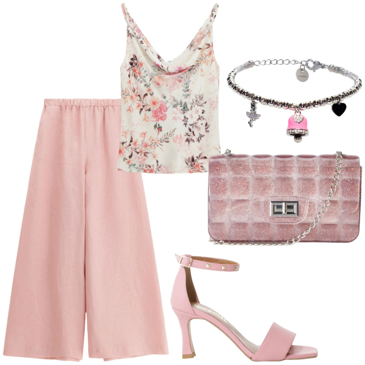 Outfit donna - Total look #2212657. Stile Romantica per Serata fuori. Abbinamento con borse a tracolla, sandali col tacco, pantaloni, canottiere, braccialetti.