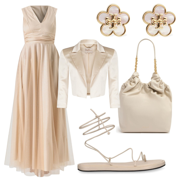 Outfit donna - Total look #2212658. Stile Romantica per Cerimonia. Abbinamento con vestiti lunghi, bolero, orecchini, sandali in pelle, borse tote.