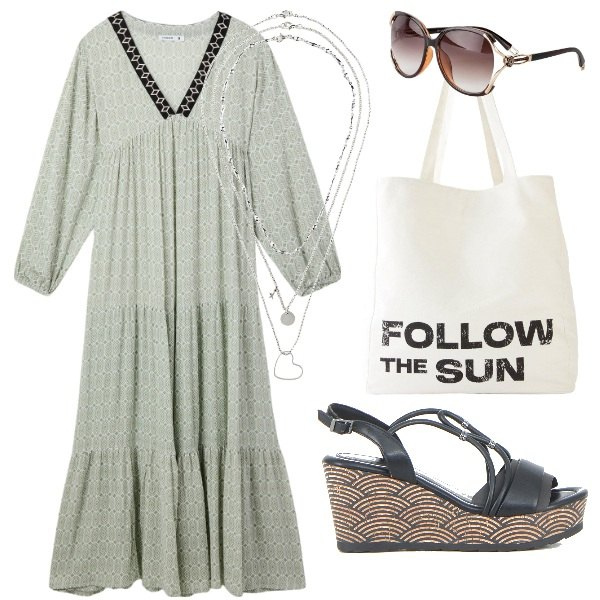 Outfit donna - romantica. Stile Boho per Tutti i giorni. Abbinamento con occhiali da sole, collane, shopping bag, vestiti lunghi, sandali in pelle.