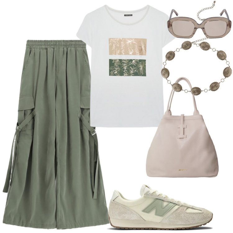 Outfit donna - Urban. Stile Urban per Tutti i giorni. Abbinamento con cinture, sneakers, pantaloni cargo, borse tote, t-shirt, occhiali da sole.