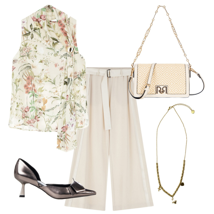 Outfit donna - Evento estivo. Stile Bon Ton per Serata fuori. Abbinamento con décolleté, borse a tracolla, pantaloni, top, ciondoli.