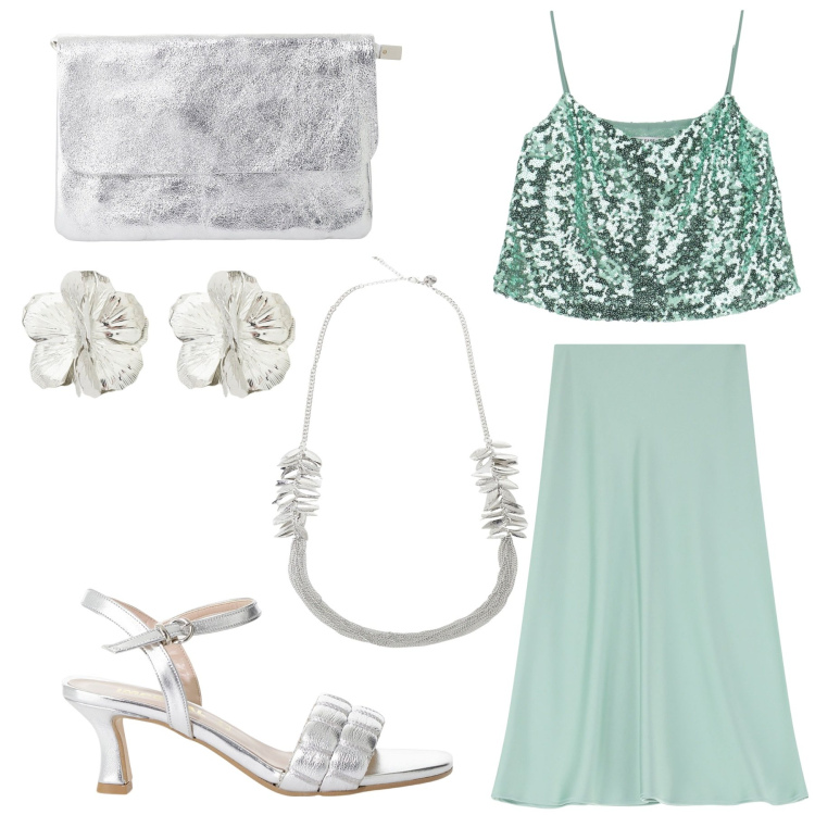 Outfit donna - Serata scintillante. Stile Glamour per Serata fuori. Abbinamento con top, sandali col tacco, gonne longuette, orecchini, borse a tracolla, collane.
