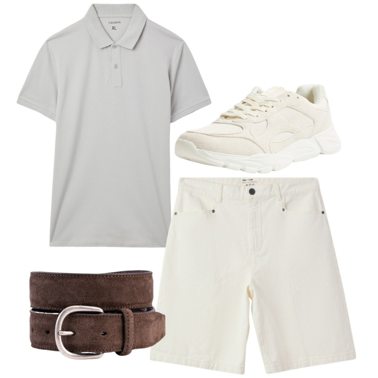 Outfit uomo - Total look. Stile Casual per Tutti i giorni. Abbinamento con bermuda, sneakers, polo, cinture.