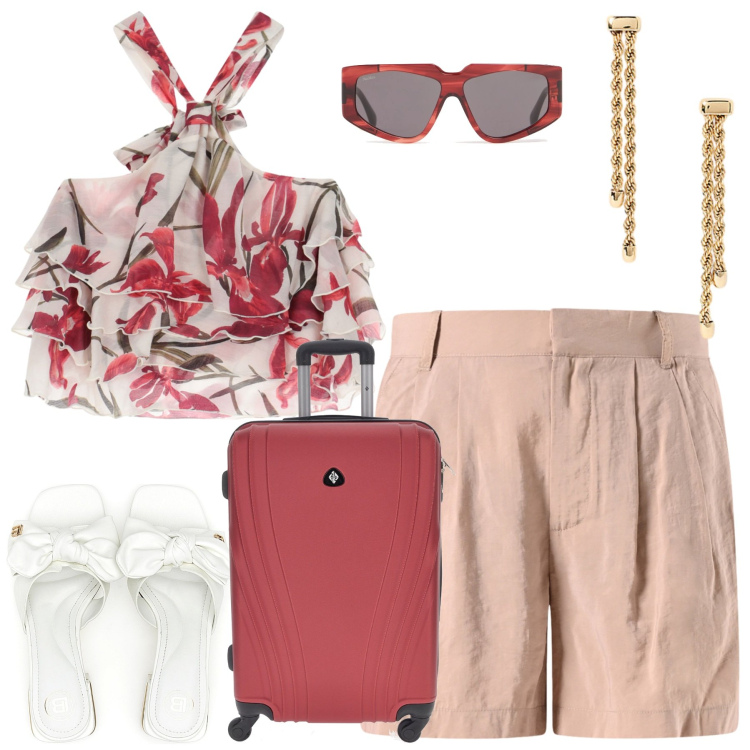 Outfit donna - Si parte. Stile Casual chic per Tutti i giorni. Abbinamento con shorts, canottiere, orecchini, ciabatte, valigie, occhiali da sole.