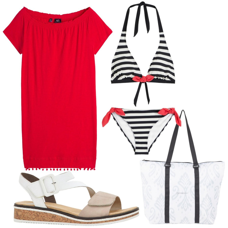 Outfit donna - Al mare. Stile Casual per Mare. Abbinamento con vestiti, bikini, sandali, shopping bag.