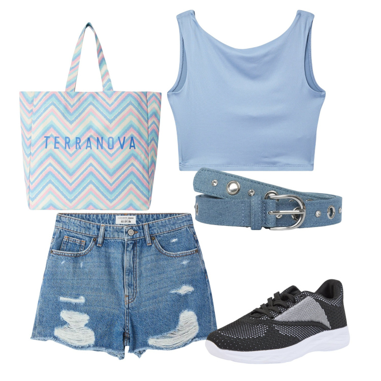 Outfit donna - Vacanze in riviera. Stile Urban per Mare. Abbinamento con sneakers, cinture, borse tote, top, shorts.