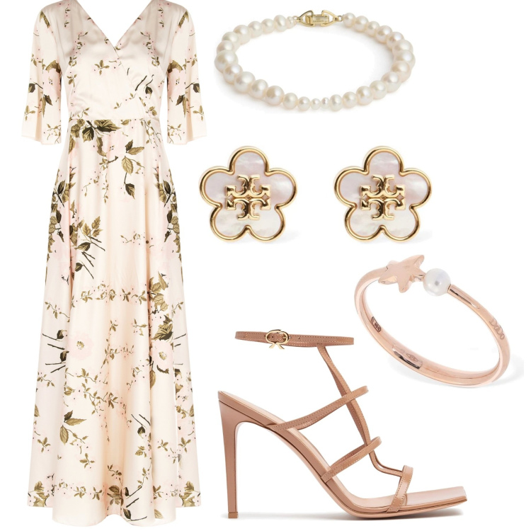 Outfit donna - Total look #2212677. Stile Romantica per Cerimonia. Abbinamento con vestiti lunghi, anelli, orecchini, braccialetti, sandali in pelle.