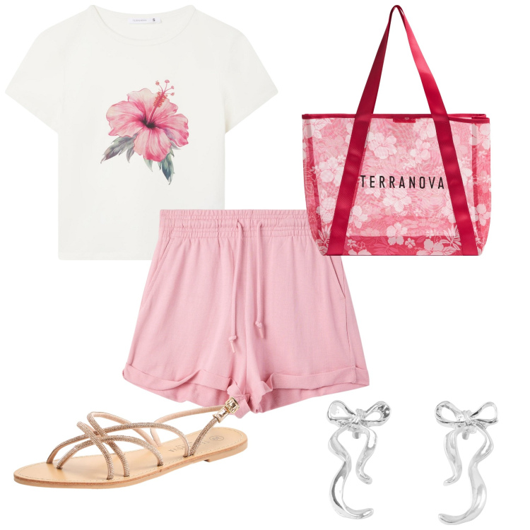 Outfit donna - Vacanze in riviera 2. Stile Minimal per Mare. Abbinamento con shorts, sandali, shopping bag, orecchini, t-shirt.