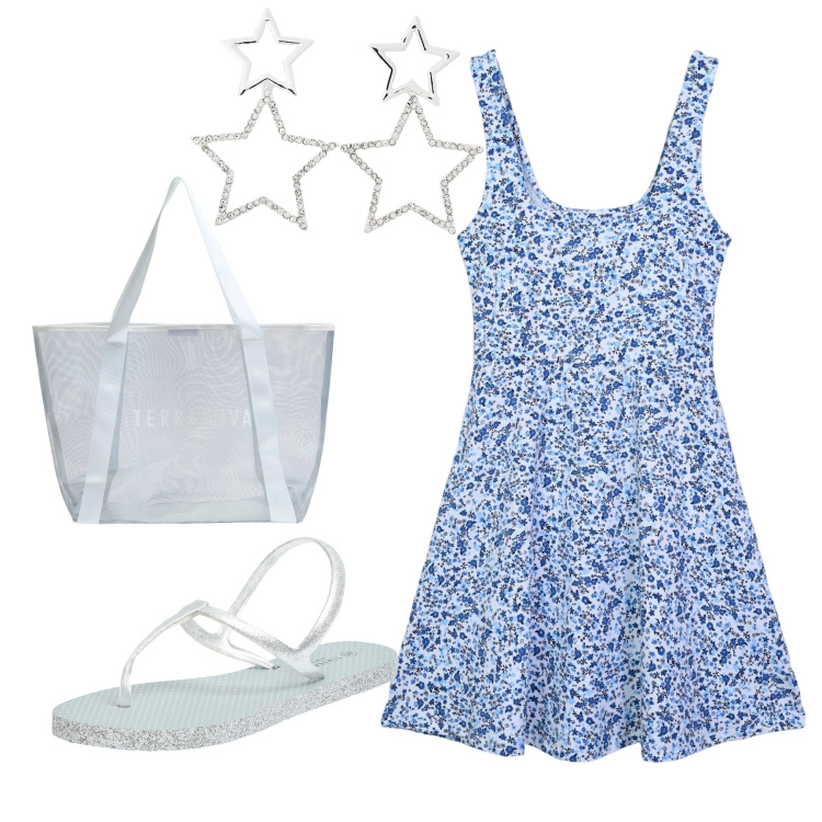 Outfit donna - Vacanze in riviera 3. Stile Basic per Mare. Abbinamento con vestiti corti, sandali, orecchini, shopping bag.
