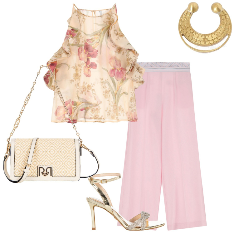 Outfit donna - Serata fuori. Stile Casual chic per Serata fuori. Abbinamento con borse a tracolla, sandali col tacco, canottiere, pantaloni a palazzo, orecchini.