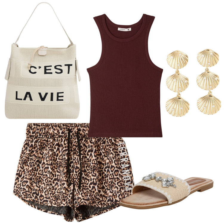 Outfit donna - Vacanze in riviera 4. Stile Basic per Mare. Abbinamento con top, shorts, ciabatte, orecchini, borse a mano.