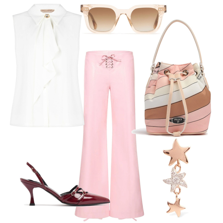 Outfit donna - Sempre con stile. Stile Bon Ton per Serata fuori. Abbinamento con top, orecchini, pantaloni, occhiali da sole, borse a mano, décolleté.