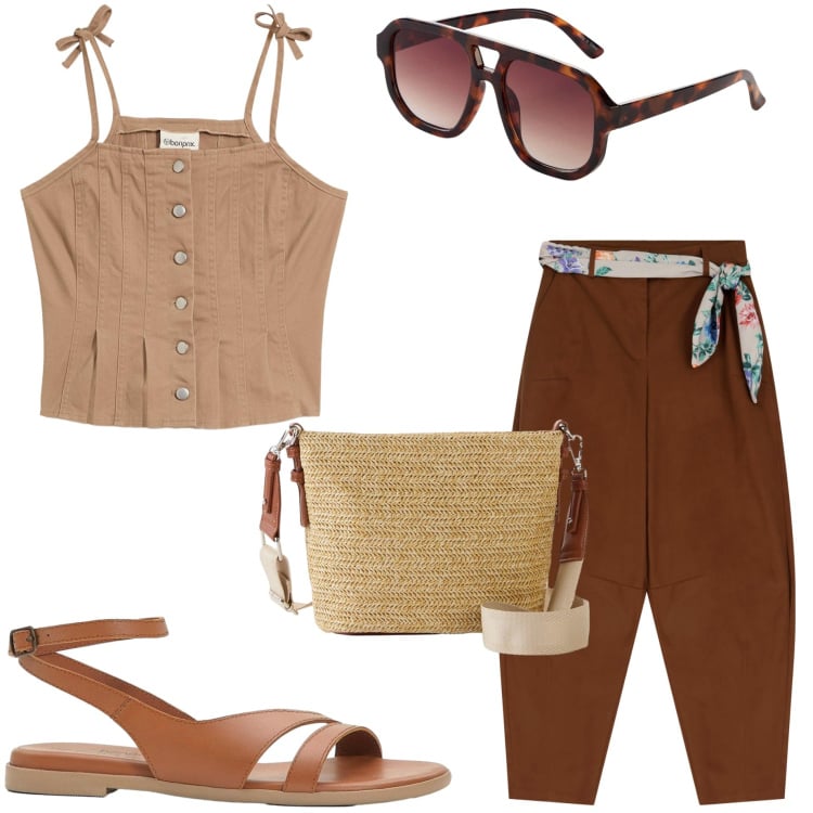Outfit donna - In città in città. Stile Casual chic per Tutti i giorni. Abbinamento con borse a tracolla, sandali in pelle, top, occhiali da sole, pantaloni.