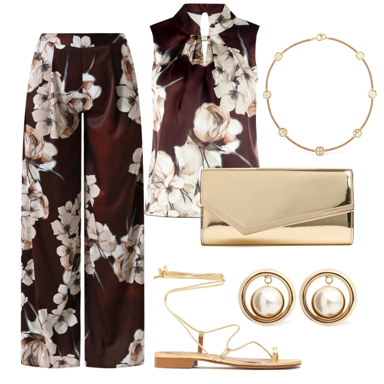 Outfit donna - Evento cioccolato & oro. Stile Chic per Cerimonia. Abbinamento con pantaloni a palazzo, top, pochette, orecchini, collane, sandali in pelle.