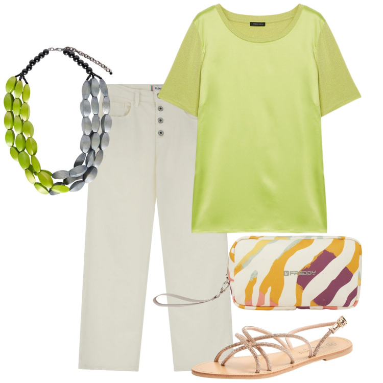 Outfit donna - Semplicemente 2. Stile Casual per Tutti i giorni. Abbinamento con sandali, pantaloni, valigie, t-shirt, collane.