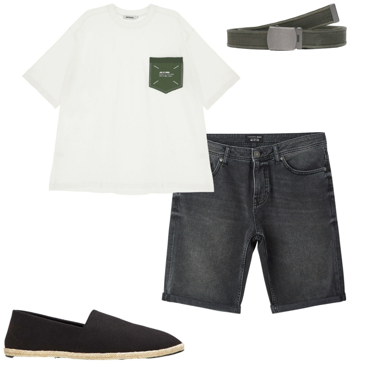 Outfit uomo - Tutti i giorni. Stile Urban per Tutti i giorni. Abbinamento con espadrillas, bermuda, cinture, t-shirt.