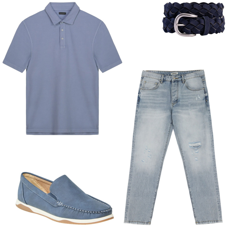 Outfit uomo - Color avio. Stile Urban per Ufficio. Abbinamento con scarpe stringate, jeans strappati, cinture, polo.
