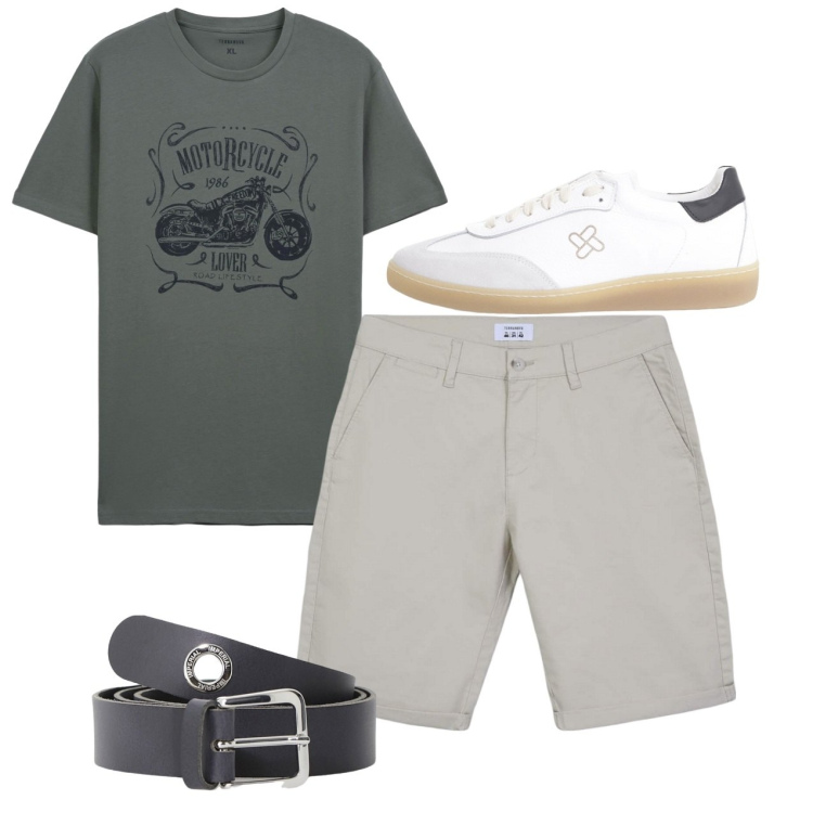 Outfit uomo - Total look. Stile Casual per Tutti i giorni. Abbinamento con bermuda, t-shirt, sneakers, cinture.