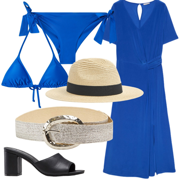 Outfit donna - Total look #2212721. Stile Chic per Mare. Abbinamento con ciabatte, cappelli, cinture, bikini, bikini, vestiti midi/longuette.