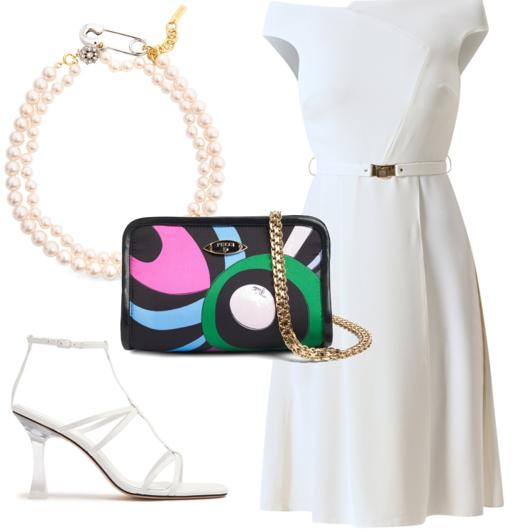 Outfit donna - The bag. Stile Chic per Serata fuori. Abbinamento con vestiti, sandali in pelle, pochette, collane.