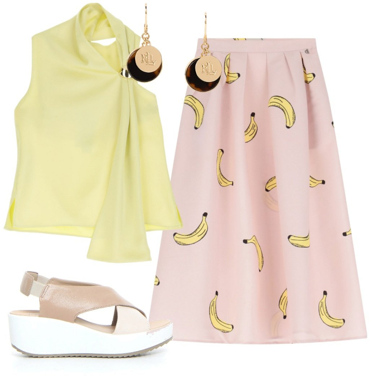 Outfit donna - La gonna simpatica. Stile Casual per Tutti i giorni. Abbinamento con top, gonne lunghe, orecchini, sandali.