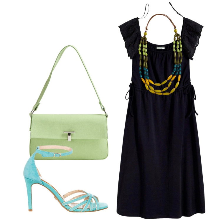 Outfit donna - Serata. Stile Chic per Serata fuori. Abbinamento con vestiti, borse a spalla, sandali col tacco, collane.