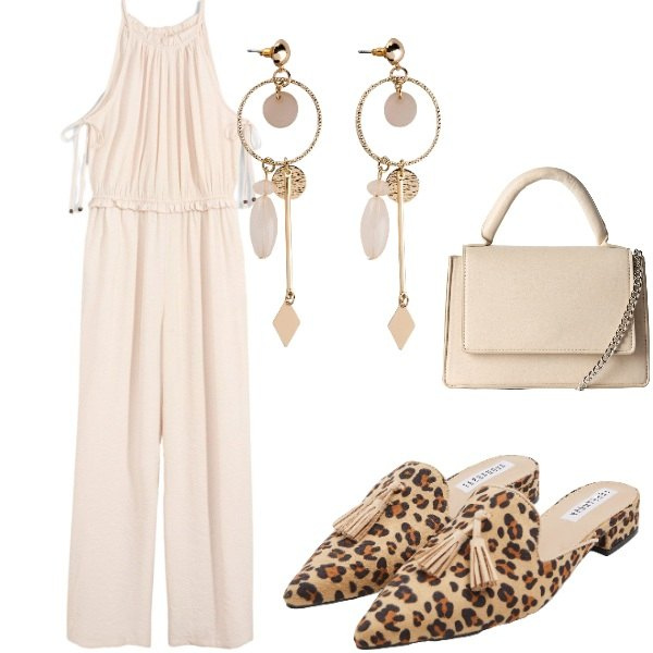 Outfit donna - Serata tra amici. Stile Casual chic per Serata fuori. Abbinamento con tute, orecchini, sabot, borse a tracolla.