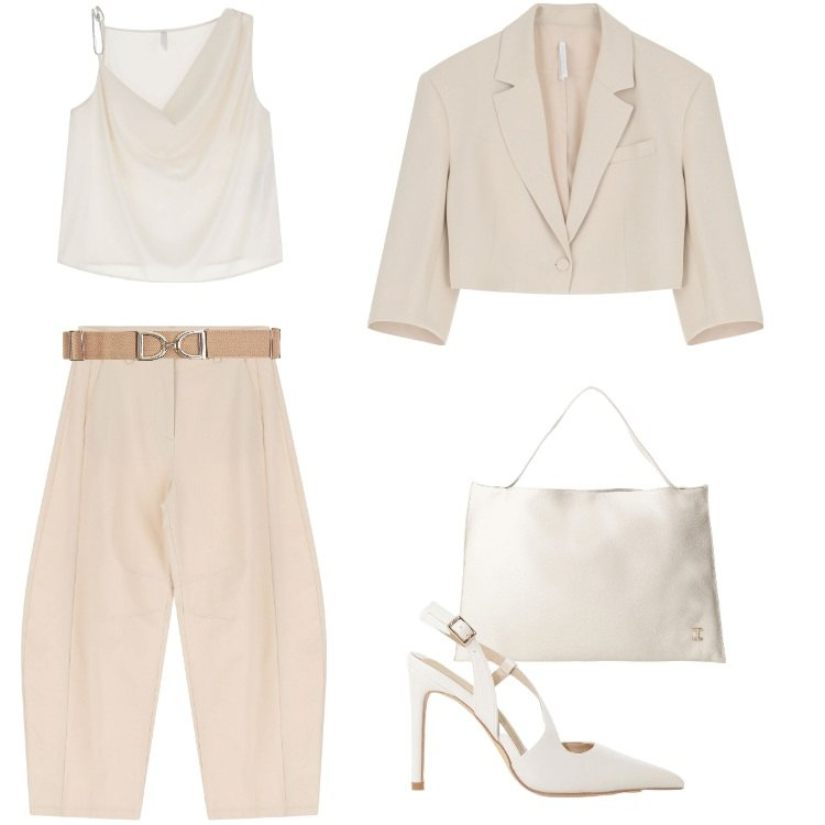 Outfit donna - Total look #2212736. Stile Casual chic per Ufficio. Abbinamento con cinture, décolleté, top, borse a spalla, blazer, pantaloni.