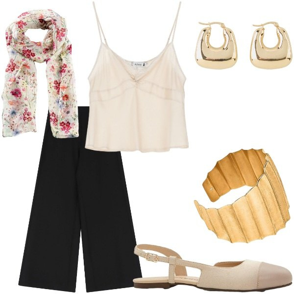 Outfit donna - A cena fuori. Stile Casual chic per Serata fuori. Abbinamento con foulard, orecchini, ballerine, top, pantaloni, braccialetti.