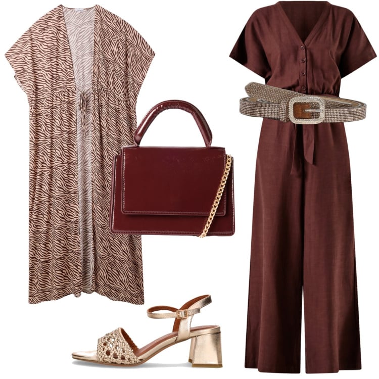 Outfit donna - Cioccolato con un tocco etnico. Stile Glamour per Serata fuori. Abbinamento con caftani, borse a tracolla, cinture, tute, sandali col tacco.