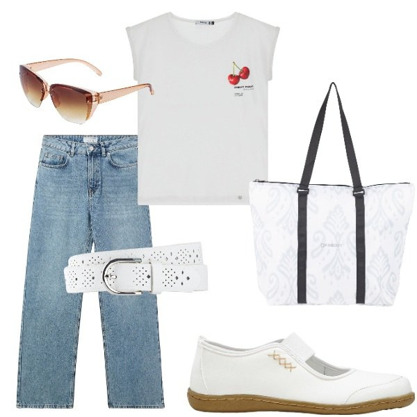 Outfit donna - Outifit di luglio. Stile Casual per Tutti i giorni. Abbinamento con ballerine, occhiali da sole, cinture, jeans, t-shirt, shopping bag.