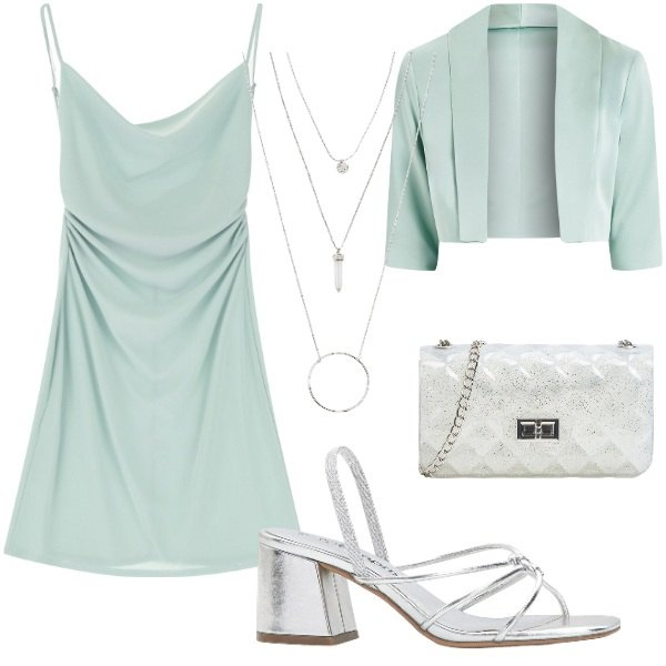 Outfit donna - Compleanno in villa. Stile Glamour per Serata fuori. Abbinamento con ciondoli, sandali col tacco, borse a tracolla, bolero, vestiti corti.