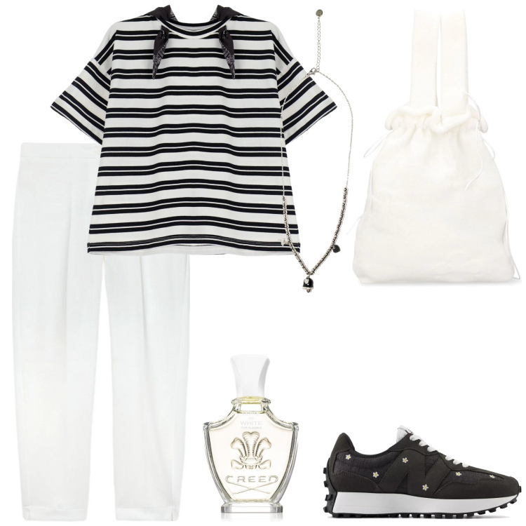 Outfit donna - Bianco e nero casual. Stile Casual per Tutti i giorni. Abbinamento con profumi, sneakers, t-shirt, ciondoli, pantaloni, borse a mano.